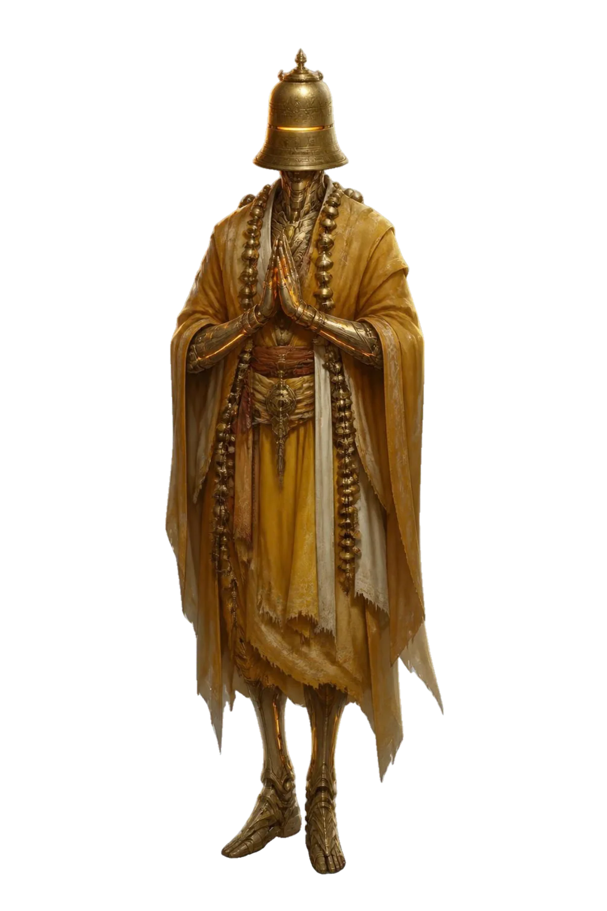 The Ninth Bell, a slender bronze automaton with a bell for a head and a glowing slit for eyes, stands with hands pressed together in saffron monastic robes.
