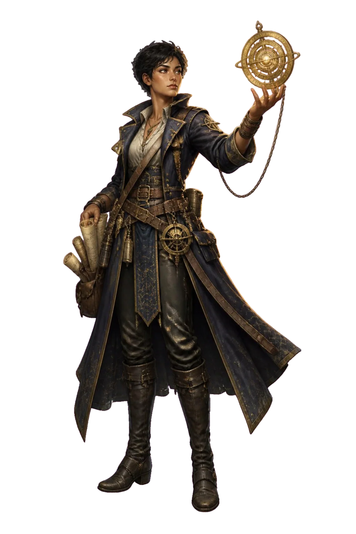 Ilse Varrow, a young woman with short black hair and a navy longcoat, holds up a glowing brass astrolabe on a chain.
