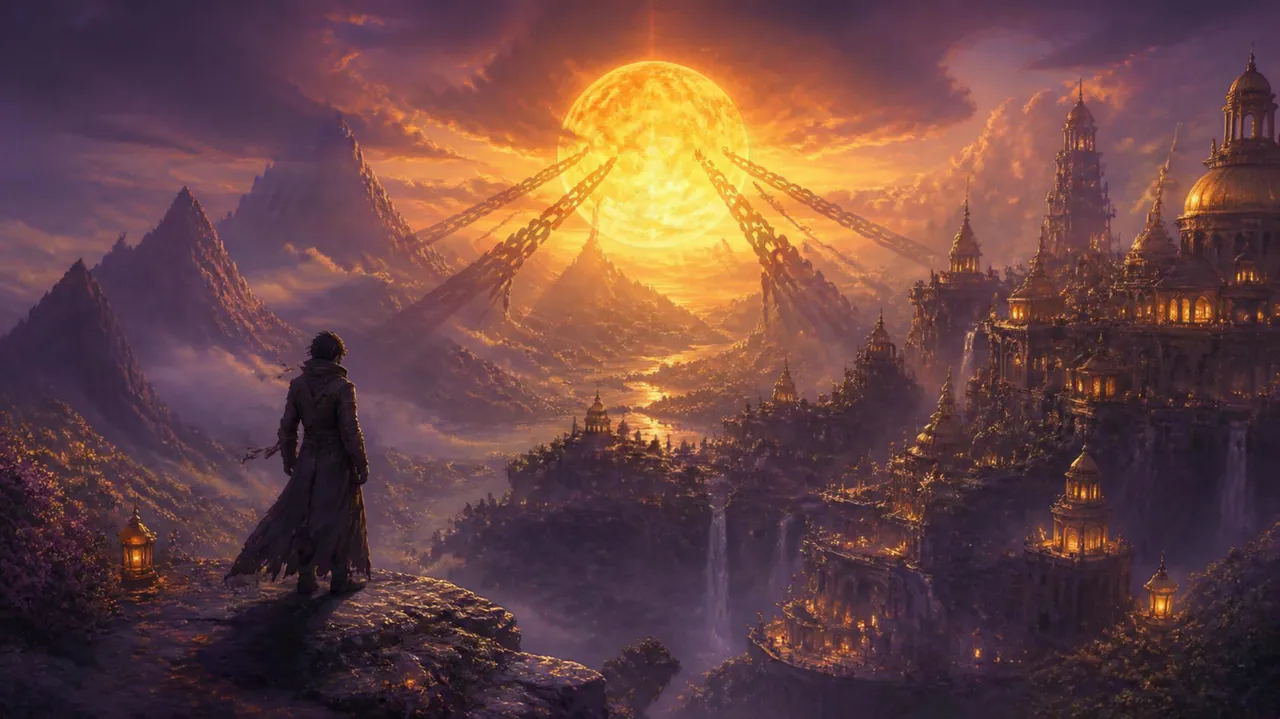 A lone traveler on a cliff watches a burning sun held at the horizon by colossal iron chains. Below, a terraced city of brass domes and bell towers glows in endless violet dusk.