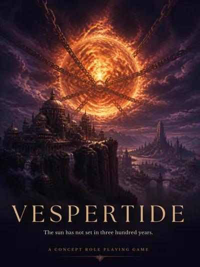Vespertide launch poster: the chained sun above a cliff city, with the title and the line, the sun has not set in three hundred years.