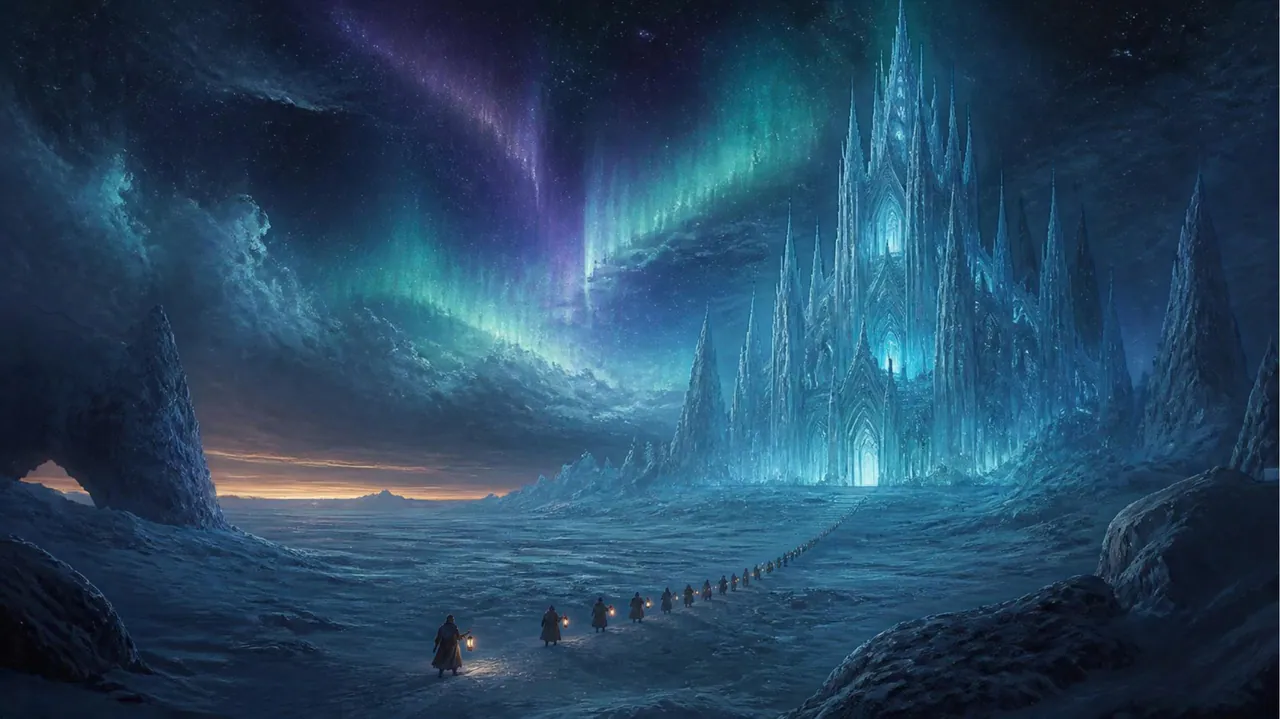 A frozen plain under stars and green aurora, with a cathedral of glowing blue ice and a line of lantern bearers crossing the snow.