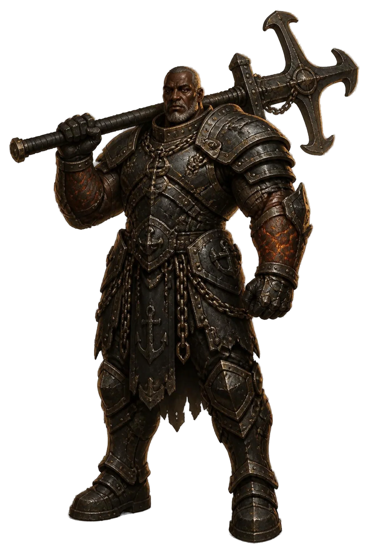 Odran Kett, a towering grey bearded knight in blackened plate wrapped with iron chain, rests an anchor shaped war hammer on his shoulder.