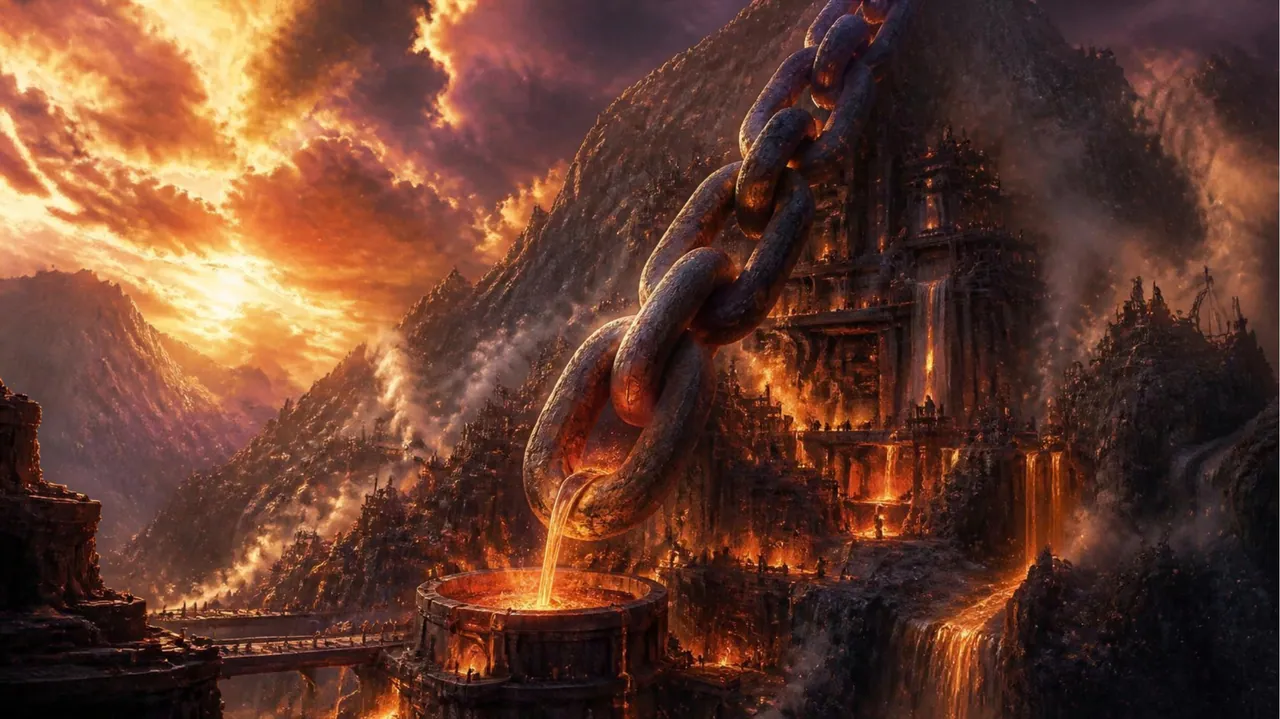 A colossal iron chain plunges from a burning sky into a mountain carved into a foundry, with rivers of molten metal and tiny workers on scaffolds.