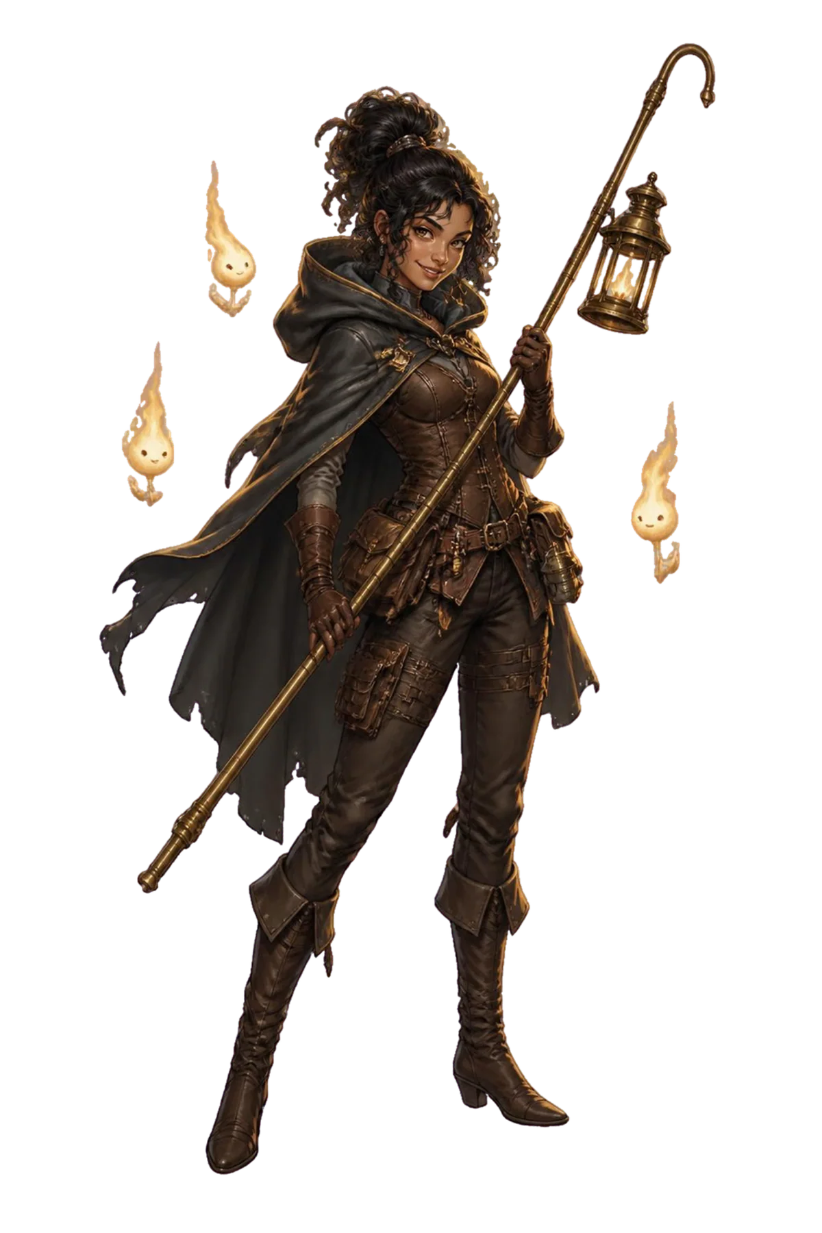 Wick, a grinning young woman with curly dark hair and a charcoal hooded cloak, holds a long brass lamplighter's pole while three small candle flame spirits float around her.
